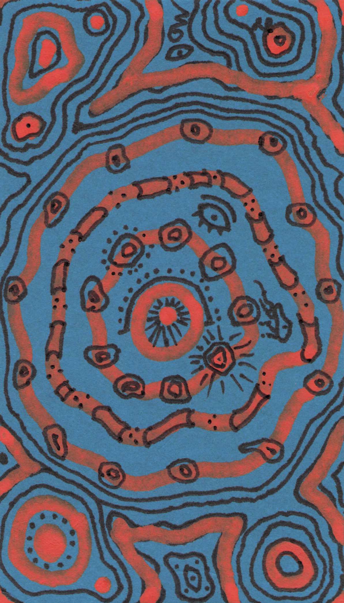 Orange and black graphic design on Aqua card.